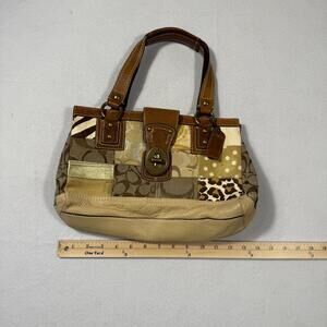 COACH 10816 Beige Signature Canvas Leather Patchwork Tote Hand Bag Turnlock Y2K